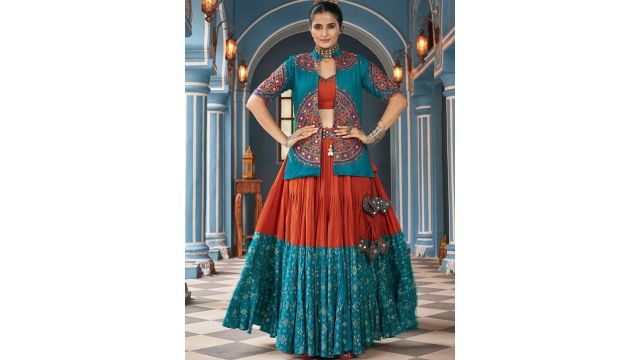 Fusionic Embroidered Mirror Work Semi-Stitched Lehenga
