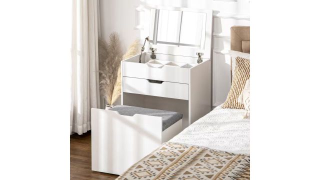 HOMCOM Dressing Table with Flip-up Mirror and Storage Stool