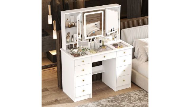 HOMSEE Large Vanity Desk with Open Mirror and Glass Tabletop