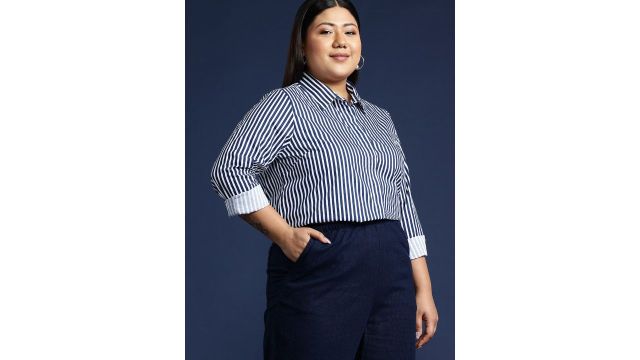 Hancock Plus Size Striped Spread Collar Formal Shirt