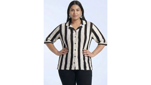 Indietoga Women Plus Size Striped Crochet Polycotton Casual Shirt