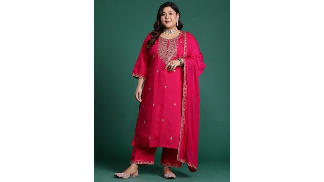 Indo Era Plus Size Ethnic Motifs Embroidered Sequinned Kurta with Trousers & With Dupatta