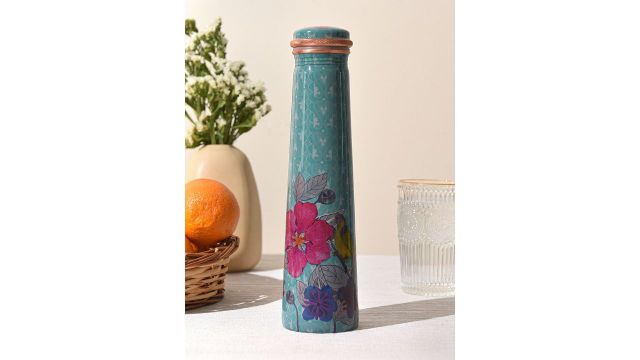JAYPORE Blue & Pink Single Copper Floral Water Bottle