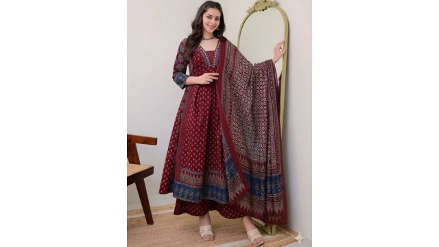 KALINI Floral Printed Square Neck Anarkali Kurta With Palazzos & Dupatta