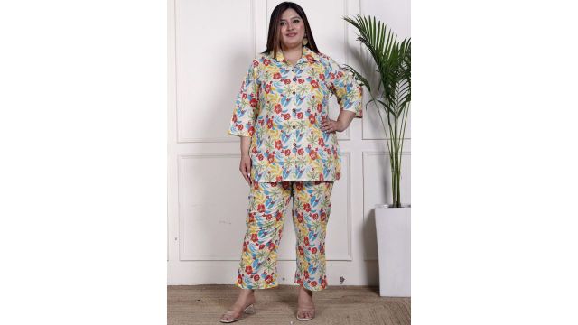 KALINI Plus Size Floral Printed Shirt Collar Pure Cotton Tunic With Trousers