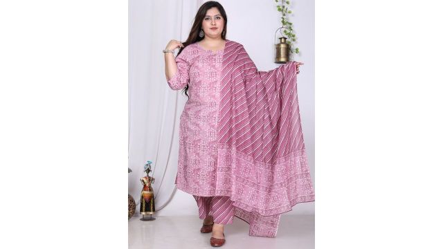 KALINI Plus Size Geometric Printed Pure Cotton Kurta With Trousers & Dupatta