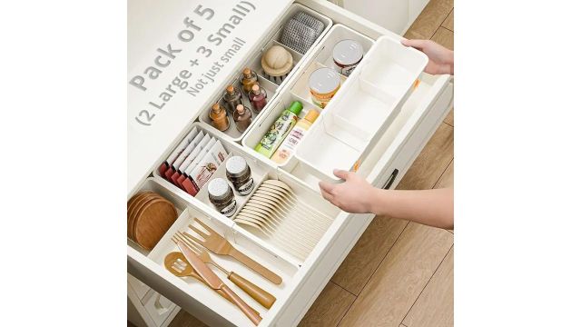 LIVINGBASICS 2 Large 3 Small Expandable Drawer Organizer Tray