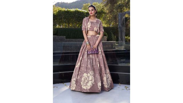 LOOKNBOOK ART Printed Ready To Wear Tussar Silk Lehenga & Choli