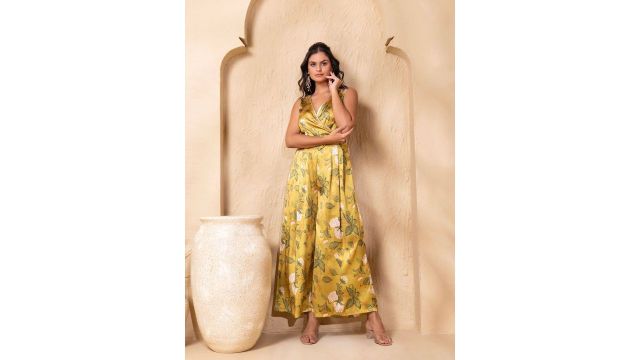 MABISH By Sonal Jain Printed Overlap Neck Wide Basic Jumpsuit