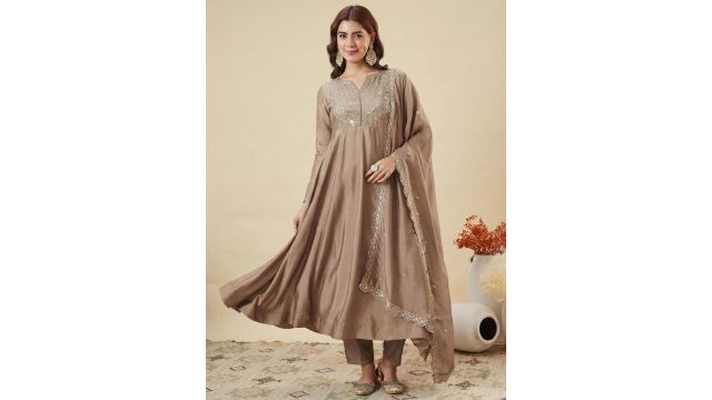 MOKOSH Floral Yoke Design Notch Neck Sequinned A-Line Kurta With Trousers & Dupatta