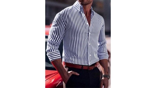 Manfinity Homme Men's Striped Button Up Long Sleeve Shirt, Fall, Old Money Style