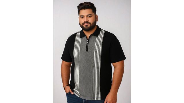 Maniac Men Plus Size Striped Polo Collar Cotton T-shirt