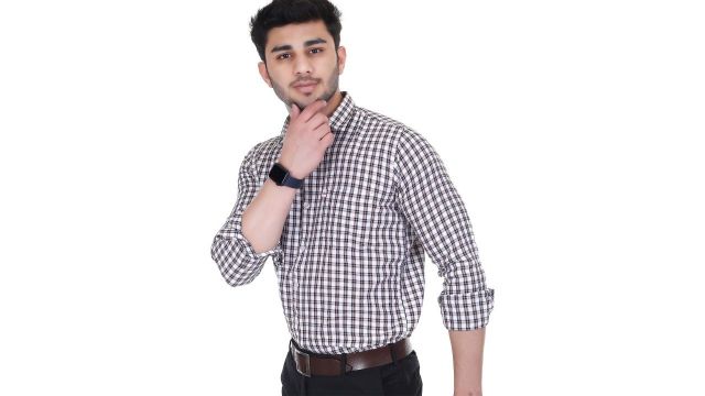 Marc Laurent Men Original Spread Collar Tartan Checked Cotton Formal Shirt