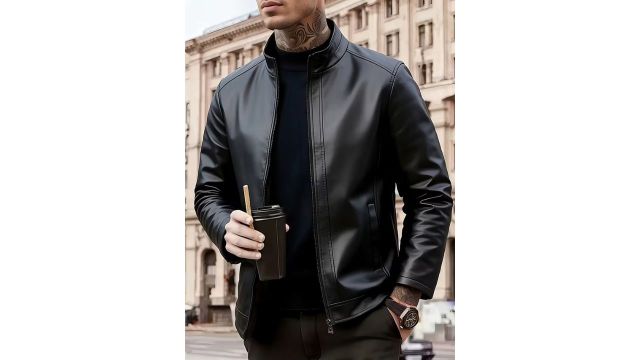 Men’s Black Stand Collar PU Jacket