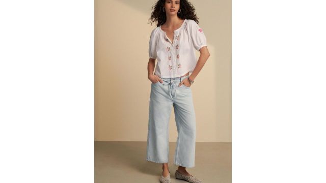 NEXT Women Pure Cotton Wide Leg Cropped Light Fade Jeans