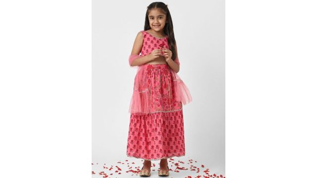 Nauti Nati Girls Printed Block Print Ready to Wear Lehenga & Blouse With Dupatta