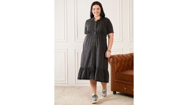 Orchid Blues Women Plus Size Denim Short Sleeves Shirt Midi Dress