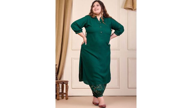 PrettyPlus by Desinoor.com Plus Size Shirt Collar Straight Kurta With Harem Pants