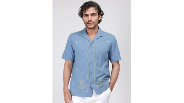 RARE RABBIT Men Blue Boxy Fit Embroidered Casual Shirt
