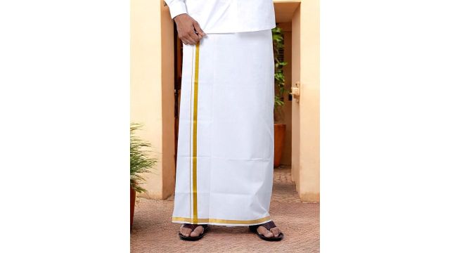 Ramraj Men Cotton White Solid Gold Jari Border Single Layer Dhoti