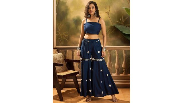 Sangria Bandhej Printed Kaftan Tube Top & Sharara Set