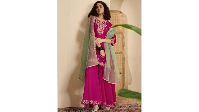 Sangria Floral Embroidered Zari And Sequinned Straight Kurta With Sharara & Dupatta