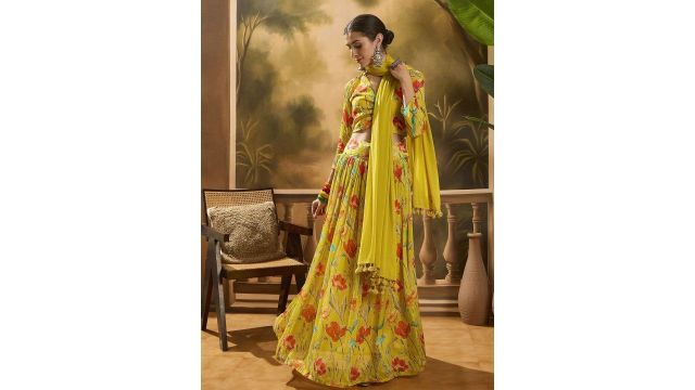 Sangria Floral Printed Lehenga With Choli And Dupatta