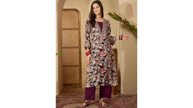 Sangria Women Purple Print & Embroidered A-Line Bell Sleeves Kurta