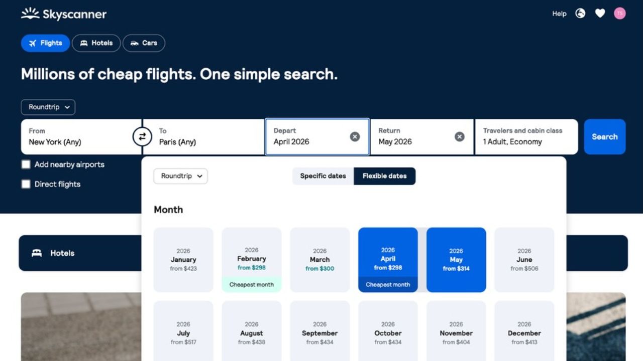 Skyscanner whole month view with flexible dates