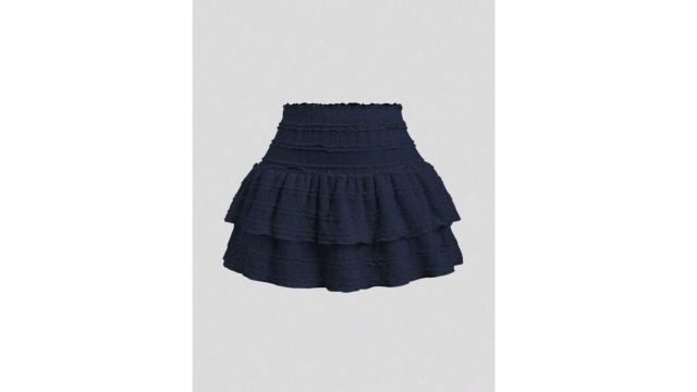 Sweetra Solid Color Ruffle Trim Double Layered Hem Skirt