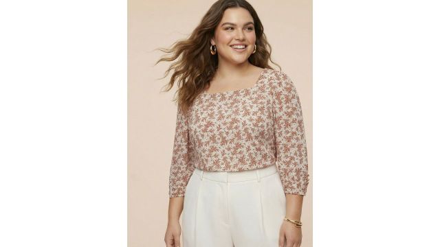 Sztori Plus Size Floral Printed Top in cream and maroon