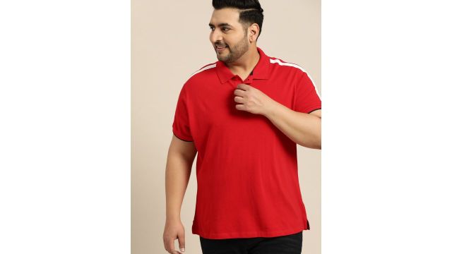 Sztori Plus Size Men Red Solid Polo Collar T-shirt