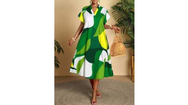 AIJ Amarilo Women's Green Casual Abstract Print Short Sleeve Midi Dress