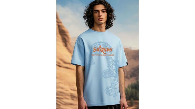 Bewakoof Men's Chambray Blue Safarnama Graphic Printed Oversized T-shirt