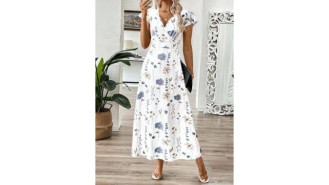 Breezaya Women's V-Neck Leaf Floral Print Long Dress