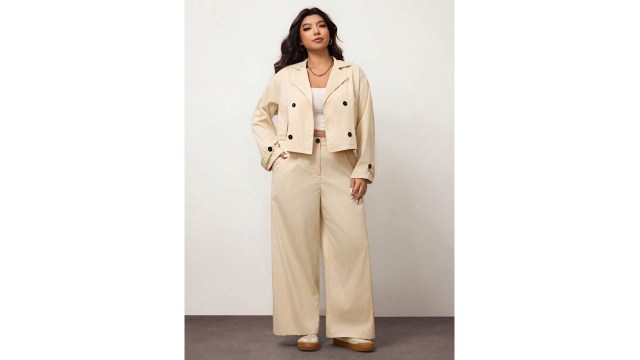 Enliva 2pcs Plus Size Casual Short Basic Windbreaker Jacket And Straight Leg Casual Pants Set