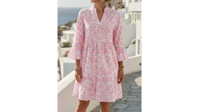 Faunlyn Women Floral Print Notched Neck Flare Sleeve Dress