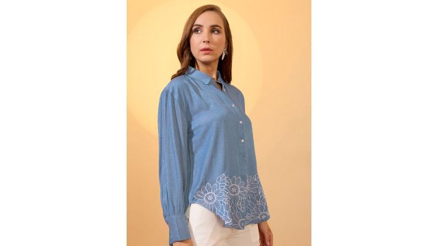Globus Floral Embroidered Collared Neck Cuffed Sleeves Oversized Resort Shirt