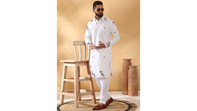 KRAFT INDIA LUXE Men Ethnic Motifs Embroidered Regular Thread Work Linen Kurta with Salwar