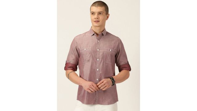 Mast & Harbour Maroon Classic Slim Fit Cotton Chambray Casual Shirt