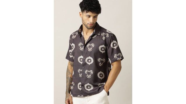 Paper Cut Men Floral Printed Linen Shirt