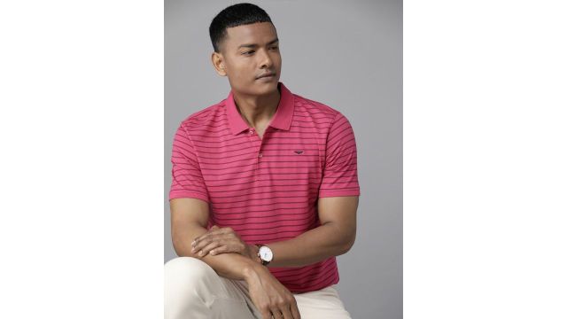 Park Avenue Men Striped Polo Collar Slim Fit T-shirt in pink