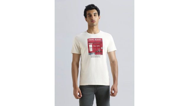 Pepe Jeans Men Graphic Printed Round Neck Pure Cotton Slim Fit T-shirt 