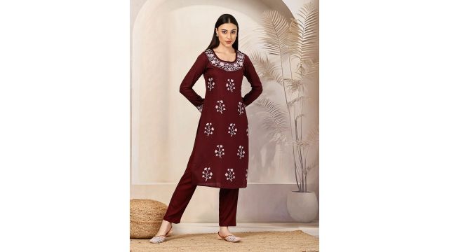 QAZMI Sana Aari Work Viscose Rayon Full Sleeves Slim Fit Straight Kurta
