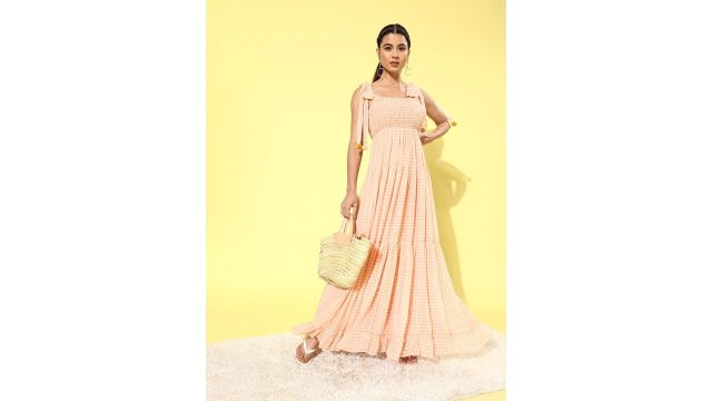 QUIERO Women Classic Peach Checked Summer Gingham Dress