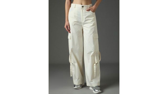 SASSAFRAS Women Straight Fit High-Rise Twill Pocket Loop Detail Cargos Trousers