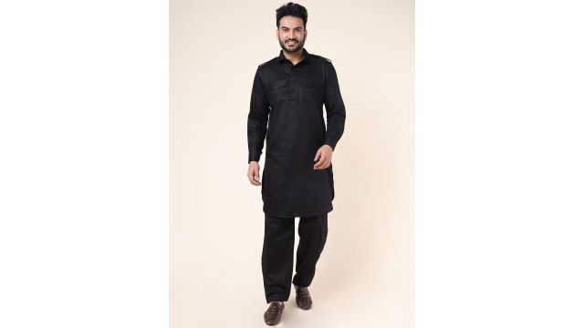 W & G Men Regular Pure Cotton Pathani Kurta with Patiala Set