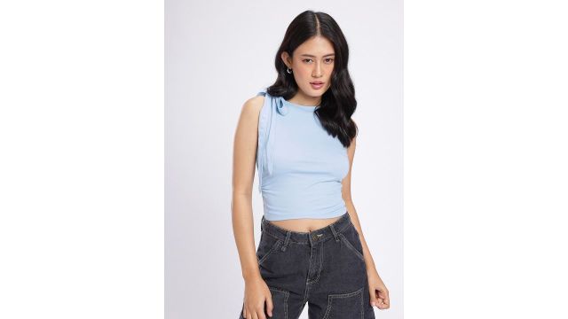 glitchez Sleeveless Tie-Up & Gathers Detail Fitted Crop Top