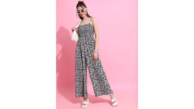 Tokyo Talkies Black & Off White Floral Printed Smocked Basic Jumpsuit