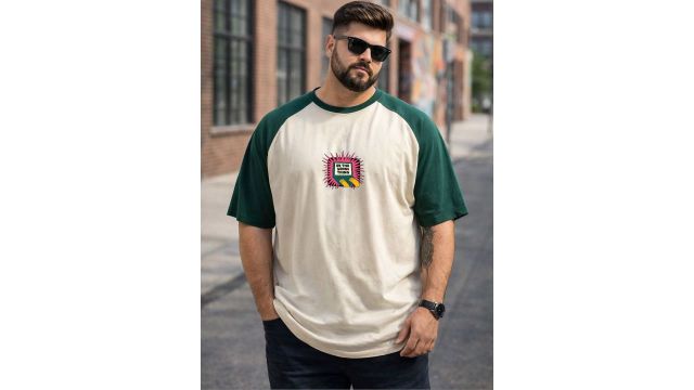 VEIRDO Men Beige & Green Typography Printed Raglan Sleeves Oversized Plus Size T-shirt